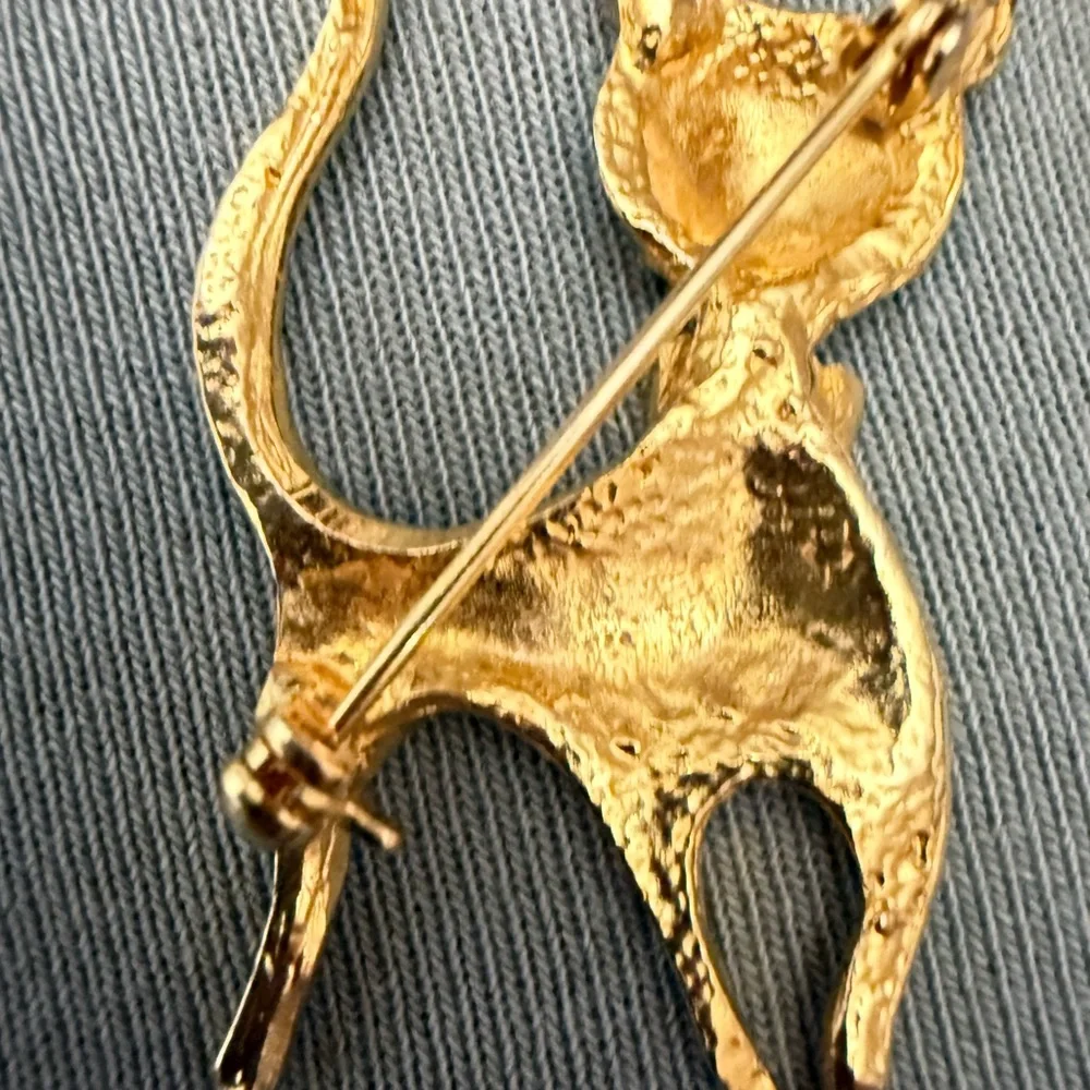 Elegant Teal and Gold tone Cat Brooch